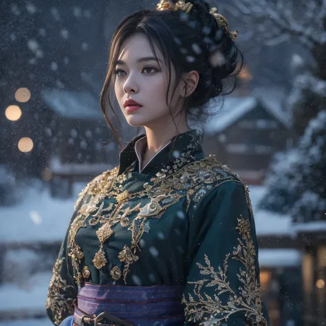 32K,（tmasterpiece，k hd，hyper HD，16k）Black ball hair
，Vintage train sleeper area，Snow Circle Witch ，Two Golden Dragon Protectors （realisticlying：1.4），Python robe，Purple apron，Snowflakes fluttering，The background is pure， A high resolution， the detail， RAW p...