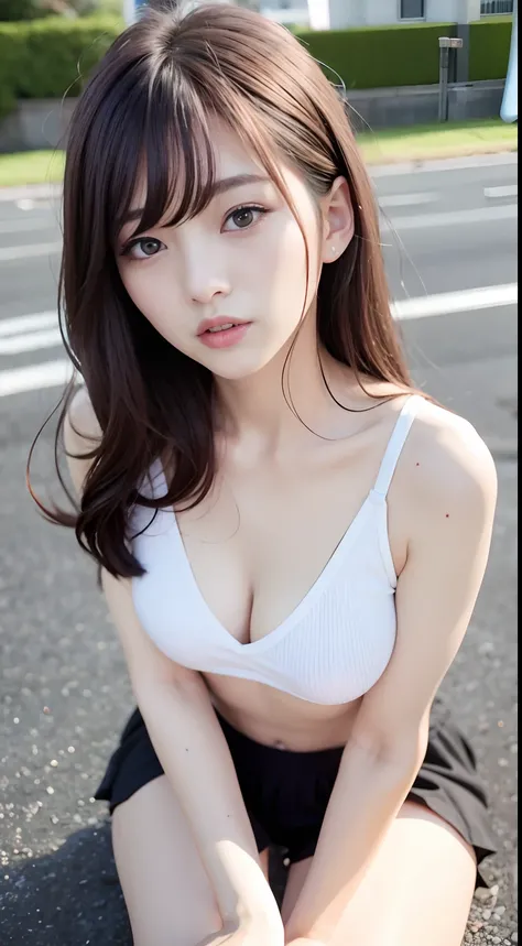 top-quality、超A high resolution、(Photorealsitic:1.4)、(ulzzang-6500:0.4)、Beautie、Korean Idols、18year old、length hair、light brown hair、Clean and wavy hairstyle、small tits、Very small breasts、Realistic eyes, slender narrow eyes、Beautiful eyes、A smile、croptop、Ta...