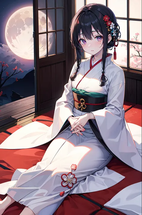 ((top-quality)),((​masterpiece)),((ultra-detailliert)),Miyo Saimori,A dark-haired,Japanese hair,Bangs,side french braid hair,Floral ornament in hair,Eyes are purple,(One mole under the left eye),Wearing a white kimono,Hands between the crotches,Long-establ...