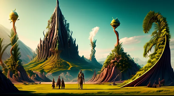 Humans in period costumes，alien worlds，Alien giant plants，alien monster，Alien decadent landscape