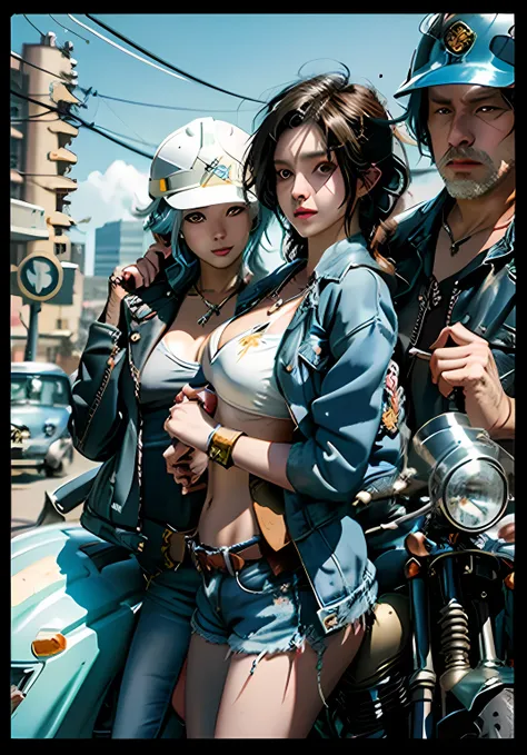 one leans against a weiss motorcycle wearing a bikini top，woman in denim shorts，holding a hard hat in his hand，and a man in a ja...