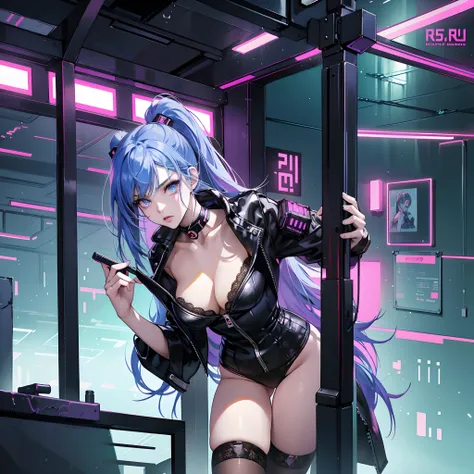 anime girl in lingerie holding a cell phone in a neon room, oppai cyberpunk, female cyberpunk anime girl,realistic, cyberpunk anime girl, digital cyberpunk anime art, digital cyberpunk - anime art, cyberpunk 2 0 y. o model girl, perfect android girl, cyber...