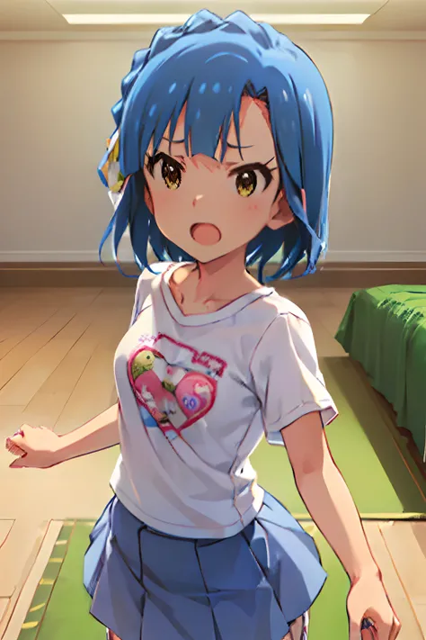 yuriko nanao (million live). Short stature. (((white t-shirts))).(((Skirt))).(((masterpiece))).(((best quality))).((Ultra-detailed))).(((illustratio))). (((fighting stance))).(((a room))).(((make a fist))).(((up chest))).Despair face.(((short-hair))).((big...