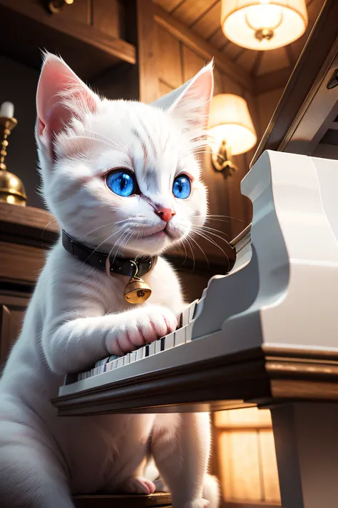 A white kitten，In the chalet，With bells，Big eyes，Sapphire eyes，Ultra-clear image quality，8K，Perfect lighting，Ultra high quality，solid color backdrop，Next to the piano