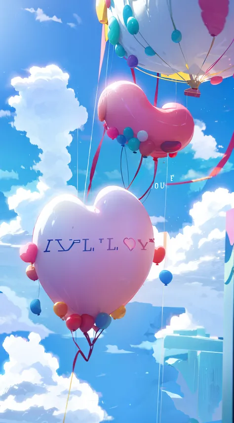 love heart，Balloon in the shape of a heart，Heart-shaped clouds，Color