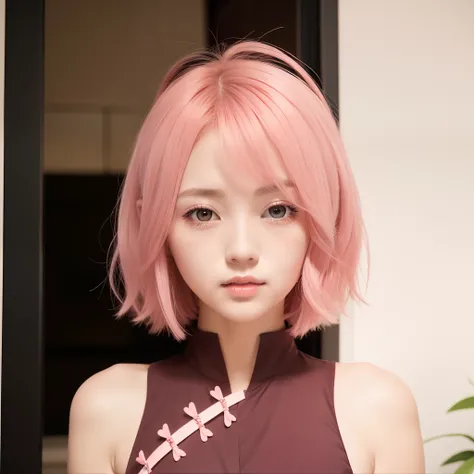 Sakura uchiha. A woman with short, fluffy pink hair. Wearing a red sleeveless kimono with white trim. His skin is so white. And her cheeks blushed. Her little red lips. He stared at sayu in the camera. She looks beautiful and realistic