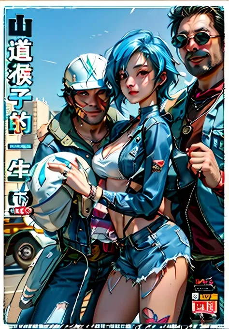 one leans against a weiss motorcycle wearing a bikini top，woman in denim shorts，holding a hard hat in his hand，and a man in a ja...