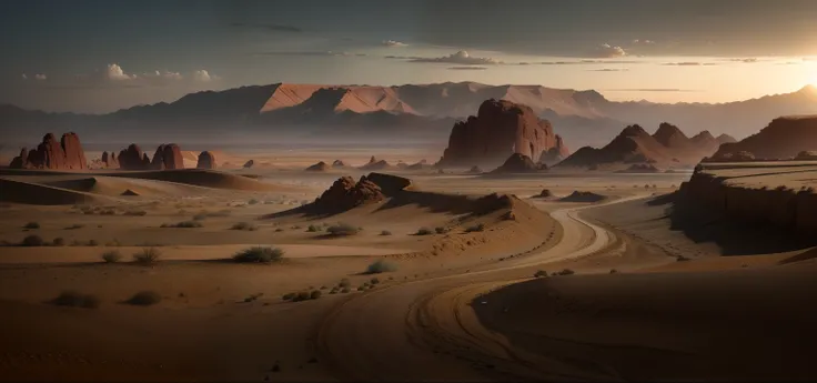 Scenes，Gobi，A desert，barren，early evening，a warm color palette