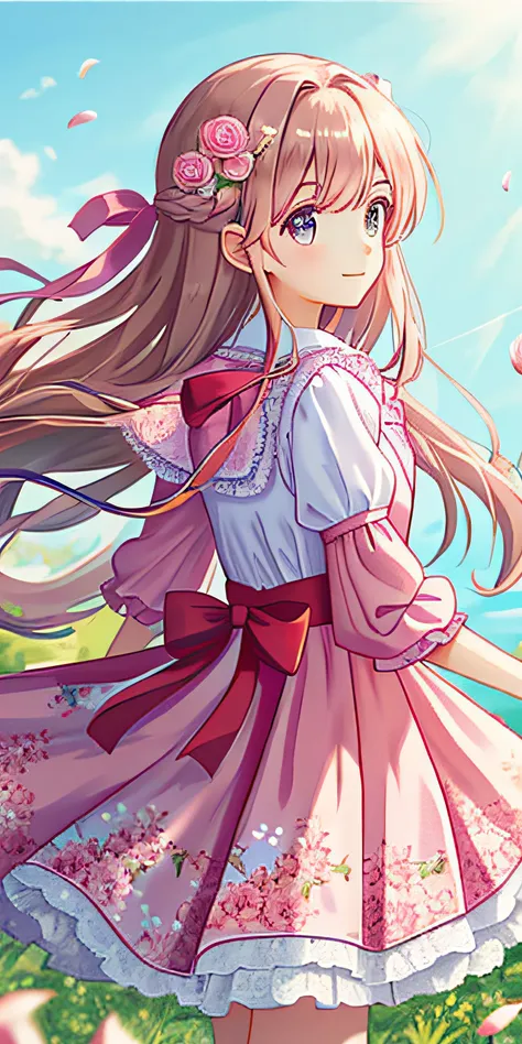 Beauty, Long hair, Pink bow, Floral dress, Looking into the distance, The wind blows through the smile