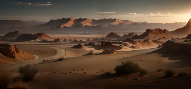 Scenes，Gobi，A desert，barren，early evening，a warm color palette