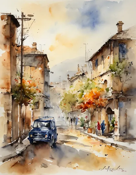 a watercolour painting of a landscape, an urban landscape, wet floor, vehicles, people walking, buildings