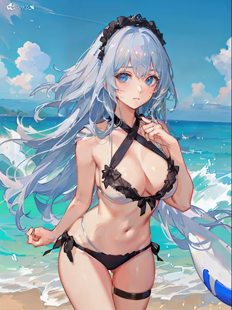 （tmasterpiece），（best qualtiy），（ultra - detailed），（Ultra photo realsisim），（best character detail：1.36），physically-based renderingt，
cyanhair，Bangs cover the left eye，Dull hair，Tie up your hair，Shy teenage girl，Lori huge breasts cleavage，white swimwear，cutee...