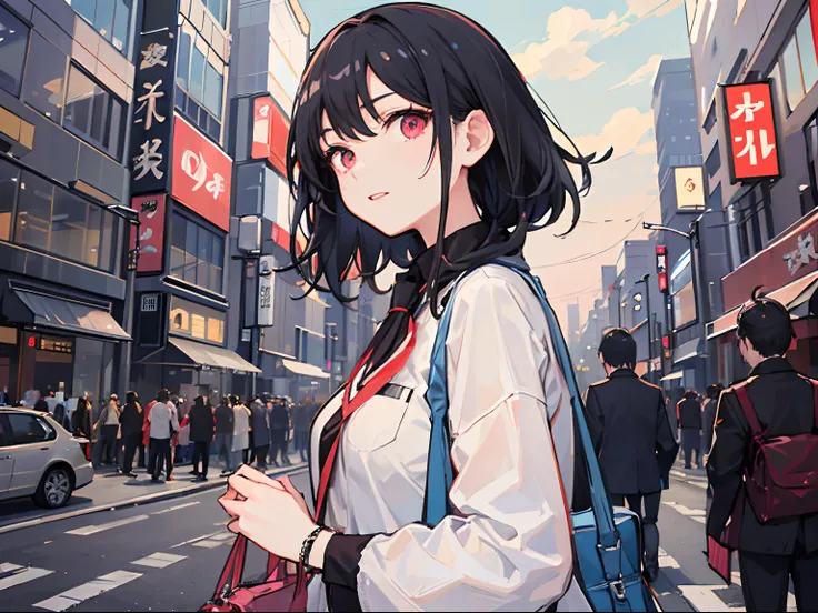 In the bustling streets of Tokyo, a captivating girl with mainly black hair blended with white hair and crimson eyes, extends her hand towards the vibrant cerulean sky.