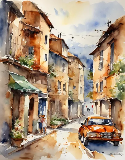 a watercolour painting of a landscape, an urban landscape, (wet floor:1.5), vehicles, people walking, buildings