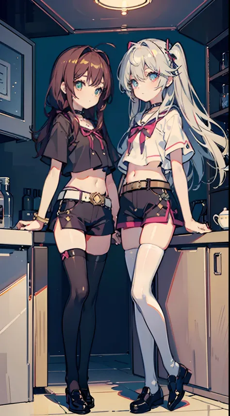 ,twins, Masterpiece,Best quality,offcial art,Extremely detailed Cg Unity 8K wallpaper, 2girls, cute female child, Yuri, hair adornments, Short shorts, Crop top, Pantyhose, ribbon_choker necklace, leg belt,