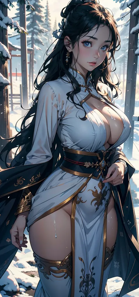 1female，25 age old，Large breasts，Pornographic exposure， 独奏，（Background with：ports，coniferous forest，at winter season，Snow on the ground） with his long black hair， 比基尼，standing on your feet，Sweat profusely，drenched all over the body，seen from the front， cur...