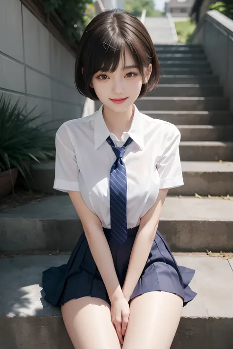 Korean School Uniform、Summer School Uniform Shirts、Tight shirt、Ribbon tie、skirt by the、Schools、stairs at school、Emphasize your chest with both arms、arms in arms、Slender big、8K raw photos、hight resolution、age:18 、Korea person、Eye of the cut、very large round...