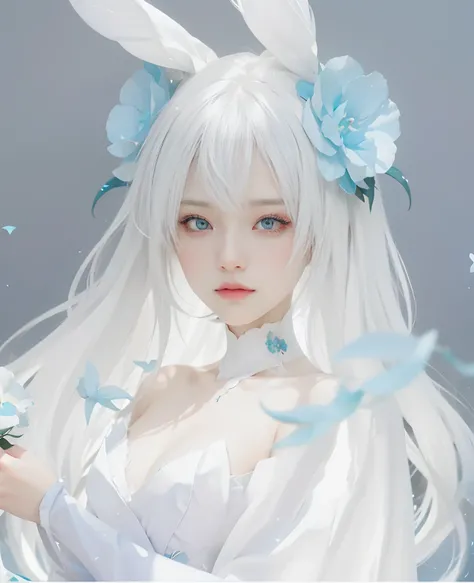 a close up of a person with long white hair and blue flowers, guweiz, artwork in the style of guweiz, guweiz on pixiv artstation, guweiz on artstation pixiv, white haired deity, guweiz masterpiece, beautiful anime girl, beautiful anime portrait, trending o...