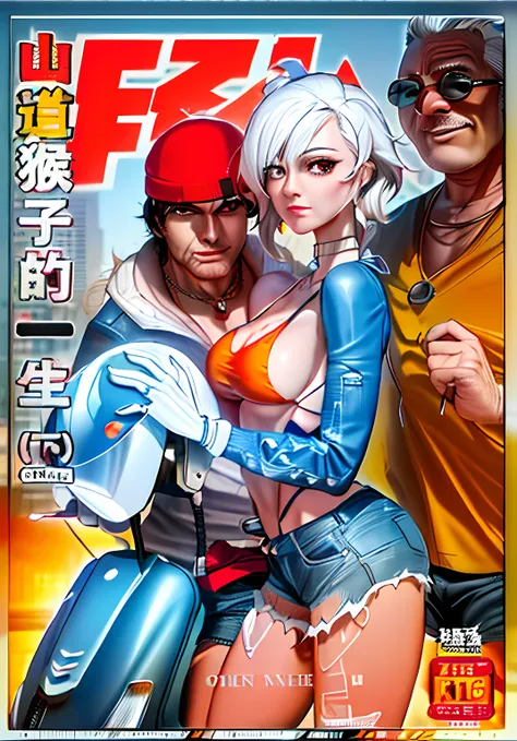 (One leans against a Weiss motorcycle wearing a bikini top,Woman in denim shorts,Hold a hard hat),(and a man wearing a beanie and a jacket),(A lewd man on the back wears a necklace), an oppai cyberpunk, extra detailed, comic cover, fantrome, , extra detail...