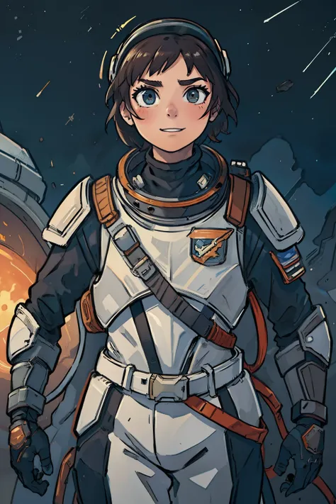 battle scene, professional artwork, detailed eyes, beautiful eyes, beautiful face, flawless face, gorgeous face, smooth features, blush, short hair, beautifully detailed background, adventurous astronaut knight in armored space suit viewed from behind figh...