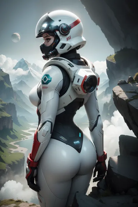 (35mmstyle:1.2), Highly detailed RAW color Photo, Rear Angle, Full Body, of (female space marine, wearing white and red space suit, futuristic helmet, tined face shield, rebreather), outdoors, (standing on Precipice of tall rocky mountain, looking out at m...