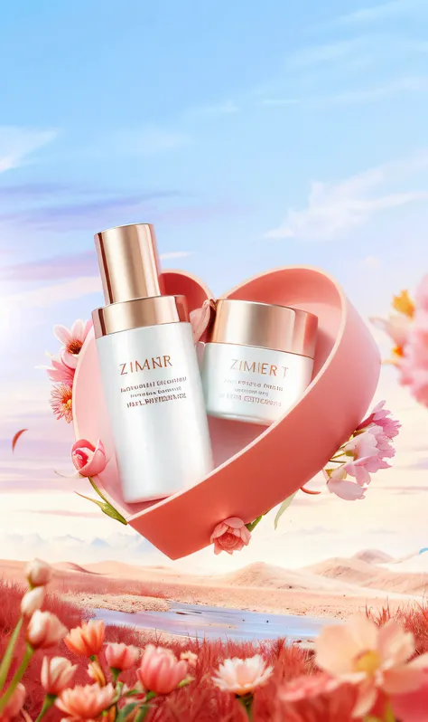 Close-up of two bottles of skincare products on heart-shaped box, everlasting, ellegance, Femme, Skincare, skin care, sincere, Product photo, ƒ5.6, ProductAdvertisements, Super, product introduction photos, zun, shaxi, tempera, Handsome, flower, the essenc...