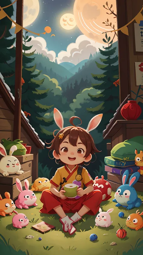 Mid-Autumn Festival scene，Li Bai looked up at the moon through the window in the house，The rabbit lay on the side of the bed，There is Kong Ming in the sky，Childrenswear outfit，The picture is simple，cheerfulness，Rejoice，（Bokeh） （8K） （Sharp focus）,（having fu...