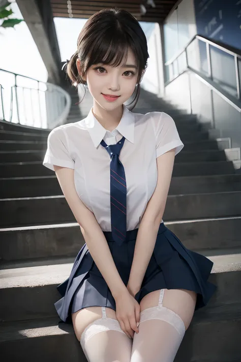 Korean School Uniform、Summer School Uniform Shirts、Tight shirt、Ribbon tie、skirt by the、Schools、stairs at school、Emphasize your chest with both arms、arms in arms、Slender big、8K raw photos、hight resolution、age:20、japanes、Eye of the cut、very large round breas...