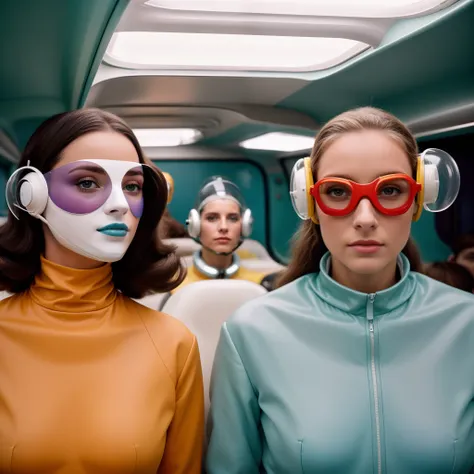 4k portrait of 1960s science fiction by Wes Anderson, Vogue anos 1960, pastels colors, Man with a fish mask wearing weird retro futuristic outfits and a woman wearing glass helmet and techno ornaments on the bus, Luz Natural, Psicodelia, futurista estranho...