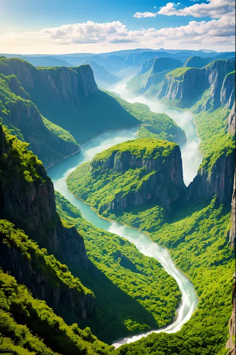 Masterpiece, ultimate quality, Cg unity 8k wallpaper, super delicate, beautiful sky and clouds, rich natural scenery, cliffs, lakes and rivers, waterfalls and flying water, beautiful green mountains, no trace of people, excellent scenery, has already won a...