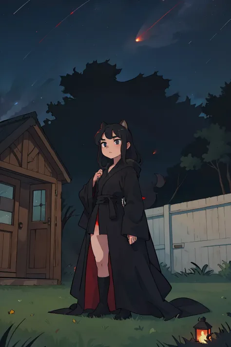 A teenage girl，Wearing a black robe，Hair coiled up，Stand outside the door，On the grass，The body is red，The roof is black，starrysky，meteors，There is a squirrel in the lower left corner