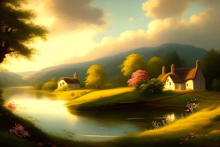 Generate a vintage oil painting of a tranquil countryside scene. The focal point should be a gently rolling hill covered in lush green grass and wildflowers. A serene lake should be visible in the distance, reflecting the soft colors of the sky during suns...