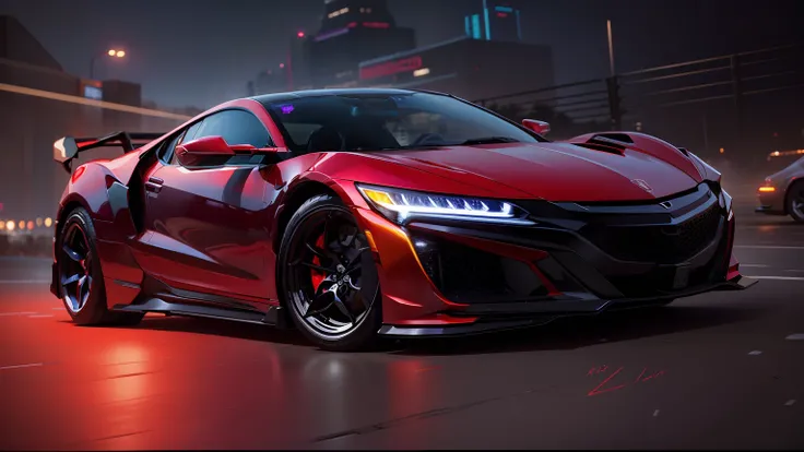 Red NSX Acura realista, disco Rigido, cyberpunk in cybercity at night, 8k