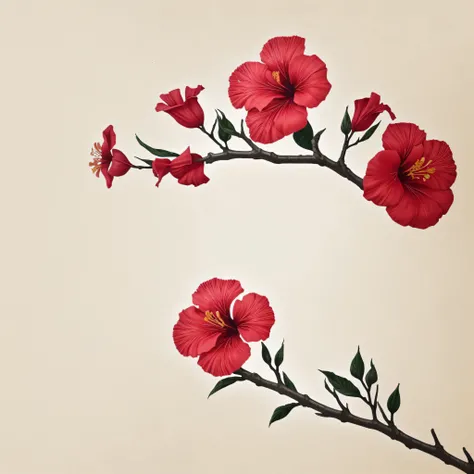 Hibiscus flowers bloom on knotty branches，greybackground，Minimalist style，Light beige tones，minimalist images，Quaint atmosphere，Green intertwined with crimson，The beauty of surrealism，Poetic closeness。