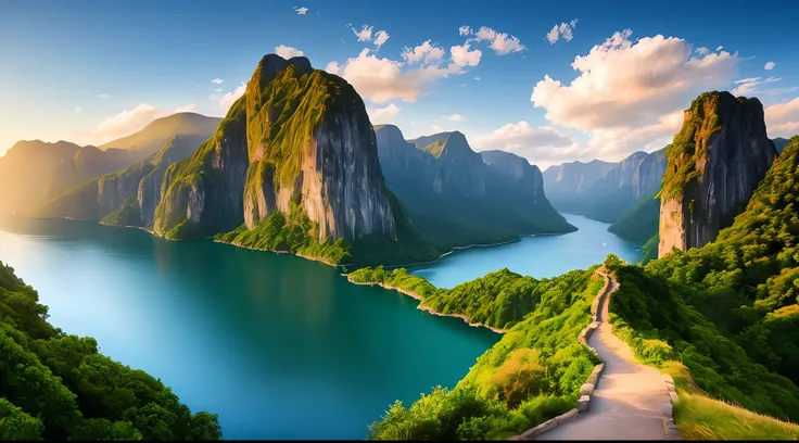 Masterpiece, ultimate quality, Cg unity 8k wallpaper, super delicate, beautiful sky and clouds, rich natural scenery, cliffs, lakes and rivers, waterfalls and flying water, beautiful green mountains, no trace of people, excellent scenery, has already won a...