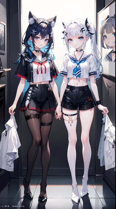 ,twins, masterpiece,best quality,official art,extremely detailed CG unity 8k wallpaper, 2girls, adorable girl, yuri, hair ornament, short shorts, crop top, pantyhose, ribbon_choker, leg belt,