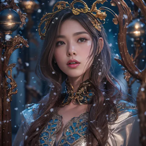 32K,（tmasterpiece，k hd，hyper HD，16k）short detailed hair，Vintage train sleeper area，Snow Circle Witch ，Two Golden Dragon Protectors （realisticlying：1.4），Python robe，Purple apron，Snowflakes fluttering，The background is pure， A high resolution， the detail， RA...