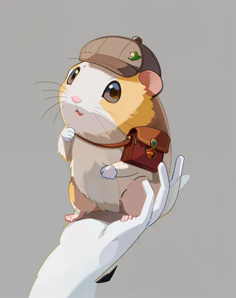 Um hamster bonito，The hamster sits on his hand，Hamsters have big eyes，The hamster wears a hat on its head，Hamster hair is a mixture of yellow and white，Hamster carrying a postmans bag，High-quality image quality，high detal，Two-dimensional painting style，