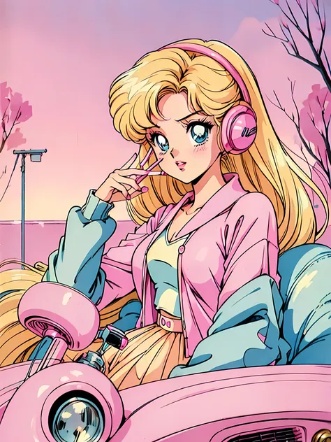 (blonde barbie:1.2),(pink outfits:1.1),(vintage 90's:1.1),(romance anime style:1.3), sitting in pink car, pink cardigan, black h...