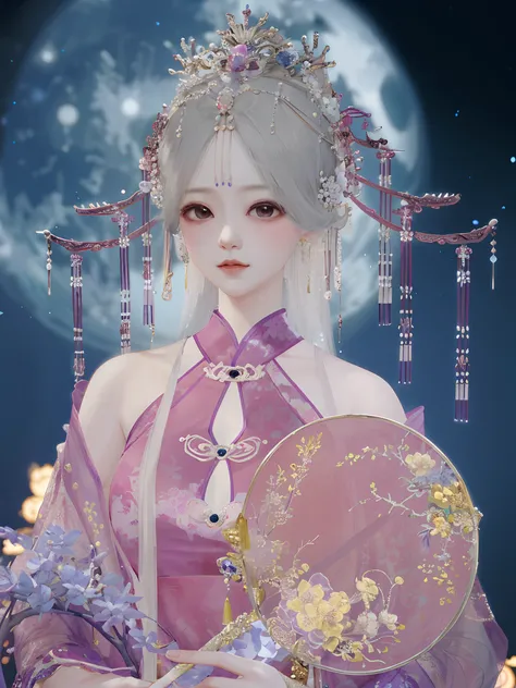 There was a woman in a purple dress holding a fan, Palace ， A girl in Hanfu, Inspired by Huang Ji, lunar themed attire, inspired by Ma Yuanyu, Inspired by Lan Ying, inspired by Xie Sun, inspired by Park Hua, China Princess, Inspired by Ai Xuan, Chinese cos...