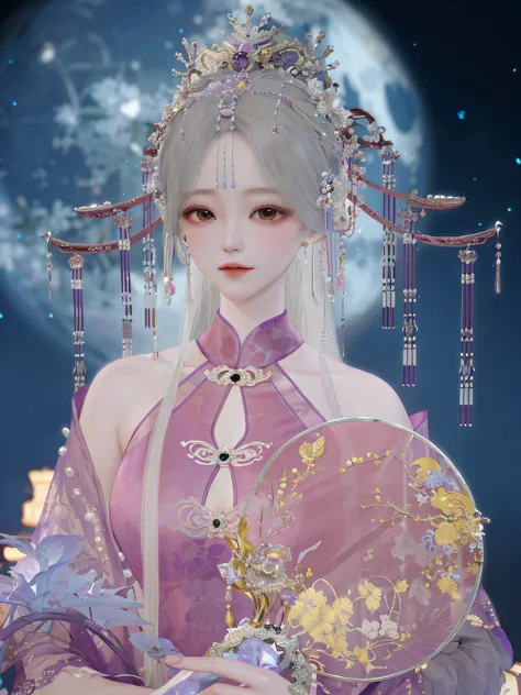 There was a woman in a purple dress holding a fan, Palace ， A girl in Hanfu, Inspired by Huang Ji, lunar themed attire, inspired by Ma Yuanyu, Inspired by Lan Ying, inspired by Xie Sun, inspired by Park Hua, China Princess, Inspired by Ai Xuan, Chinese cos...