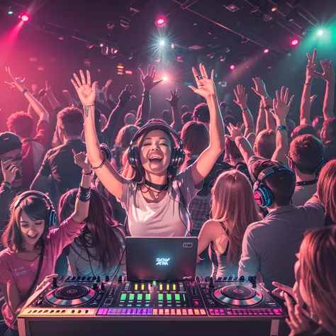 A female DJ leads the audience at an electronic music party, bouncing and raising her hands, creating a lively atmosphere