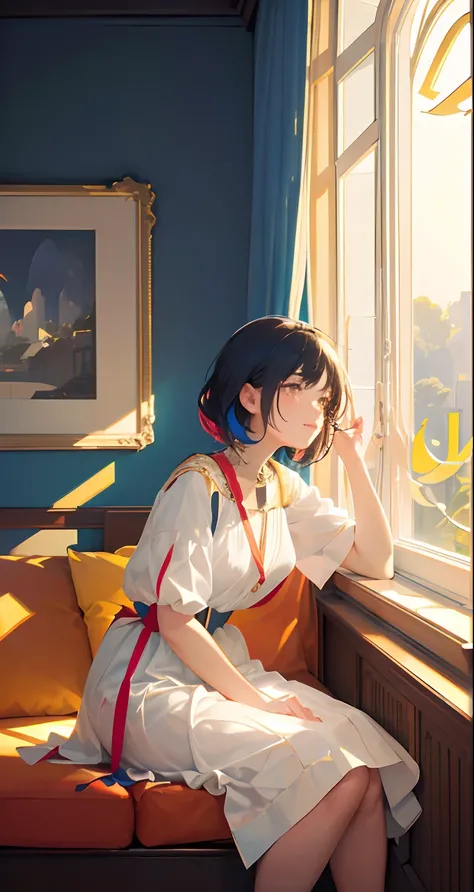 "Masterpiece, highest quality, cinematic still, 1girl, sitting by the window of a luxurious villa, sunlight, open window, (close-up:1.1), vibrant, joyful, playful, soft lighting, (Bauhaus, shapes, lines, abstract:1.1)."