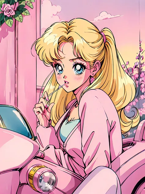 (Blonde Barbie:1.2),(pink outfits:1.1),(vintage 90s:1.1),(romance anime style:1.3), sitting in Pink car, Pink cardigan, cigarette