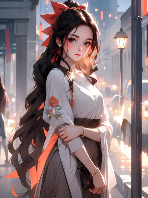 Best quality, Masterpiece,Half body,,1girll,(Face focus:1.2), Brown hair, Long hair,Brown eyes, Hair between the eyebrows,,ribbon,Peach dyeing,,tiered dress, White dress,Hand up,,Outdoors,parks, the street lights,ventania,,Night,