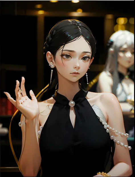 one-girl，Coiled hair，Long pearl earrings，wearing a black dress，There is a white pearl necklace decoration，frontage，A half body，8K-niji 5