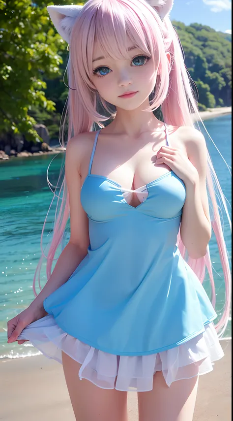 {loli},{solo},light pink hair,{heterochromia blue yellow},{blue eyes},{yellow eyes},big ahoge,long hair,low twintails,{pink halo},white skirt swimsuit,nsfw,medium breast,hime cut,hug a blue whale toy,;d,on the beach,standing,{{blue archive}},
