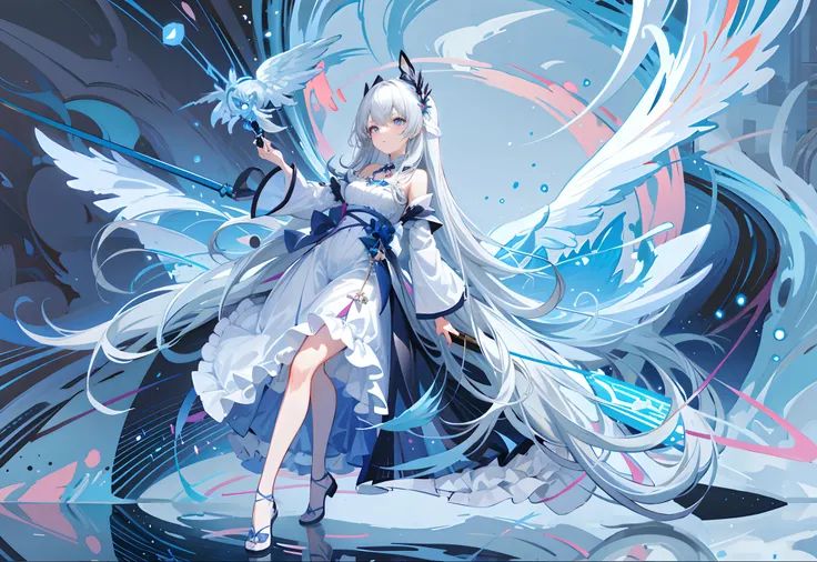 anime girl with long white hair and blue dress holding a wand, anime art wallpaper 16k, anime art wallpaper 4k, anime art wallpa...