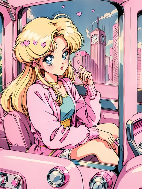 (blonde barbie:1.2),(pink outfits:1.1),(vintage 90's:1.1),(romance anime style:1.3), sitting in pink car, pink cardigan, smoking...