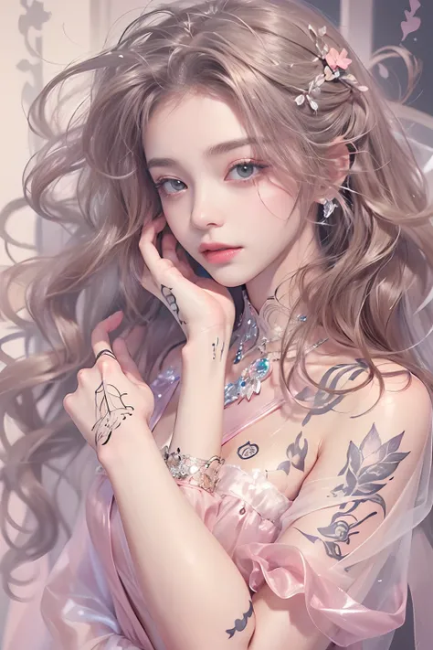 (Glamorous atmosphere)、​masterpiece、独奏、A highly detailed、Ultra-detailed、超A high resolution、Photorealsitic、((Blouse made of transparent light fabric、pale pink shirt with wide open chest,,、Tattoo from neck to shoulder　Tattoo in the center of the chest　Tattoo...